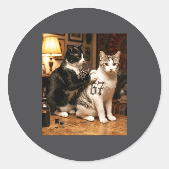 Cat Tattoo Artist 67 Six Seven Seis Siete Brain Ro Classic Round Sticker (Front)
