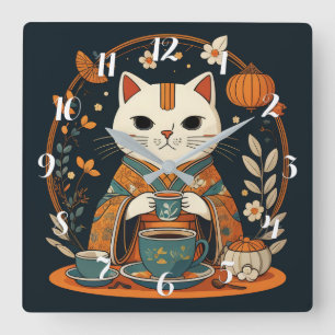 Cat Tea Time Japanese Square Wall Clock