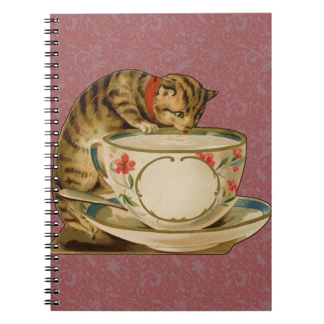 Cat Teacup Cute Vintage Victorian Notebook (Front)