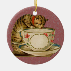 Cat Teacup Cute Vintage Victorian Pet Classic Ceramic Tree Decoration