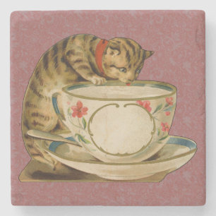Cat Teacup Cute Vintage Victorian Pet Classic Stone Coaster