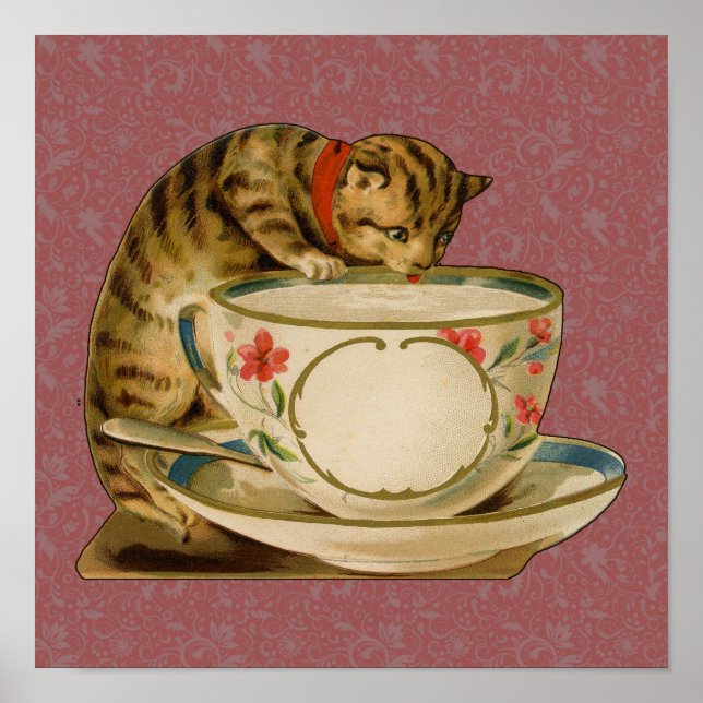 Cat Teacup Cute Vintage Victorian Poster (Front)