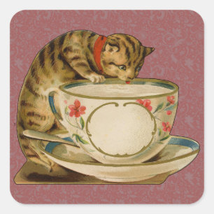 Cat Teacup Cute Vintage Victorian Square Sticker