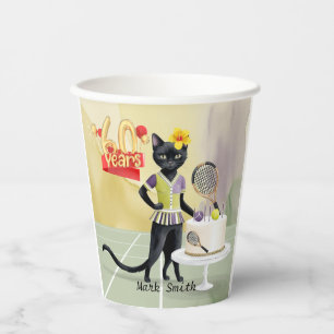 Cat Tennis Player 60th Birthday with cake at court Paper Cups
