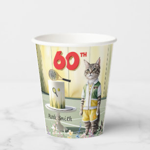 Cat Tennis Player 60th Birthday with cake at court Paper Cups