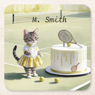 Cat Tennis Player at the court with Birthday Cake Square Paper Coaster