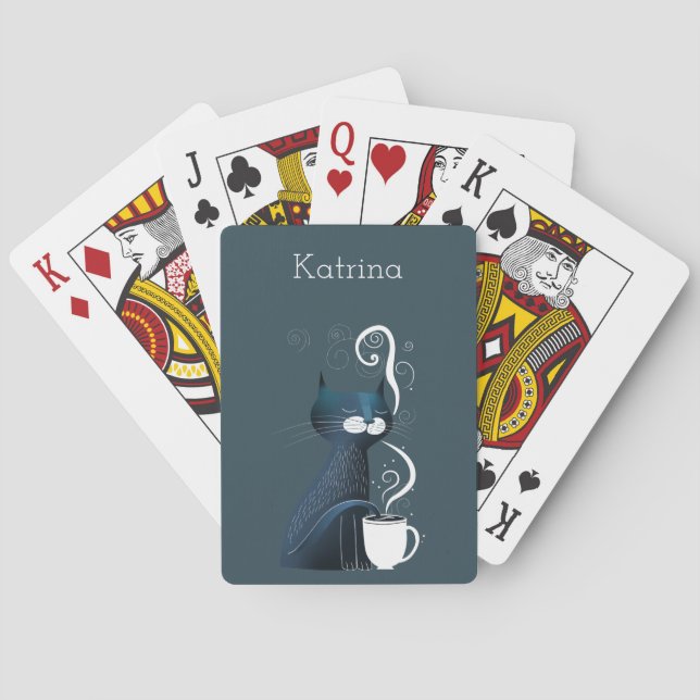 Cat Testing Tea Temperature With Tail Name Playing Cards (Back)