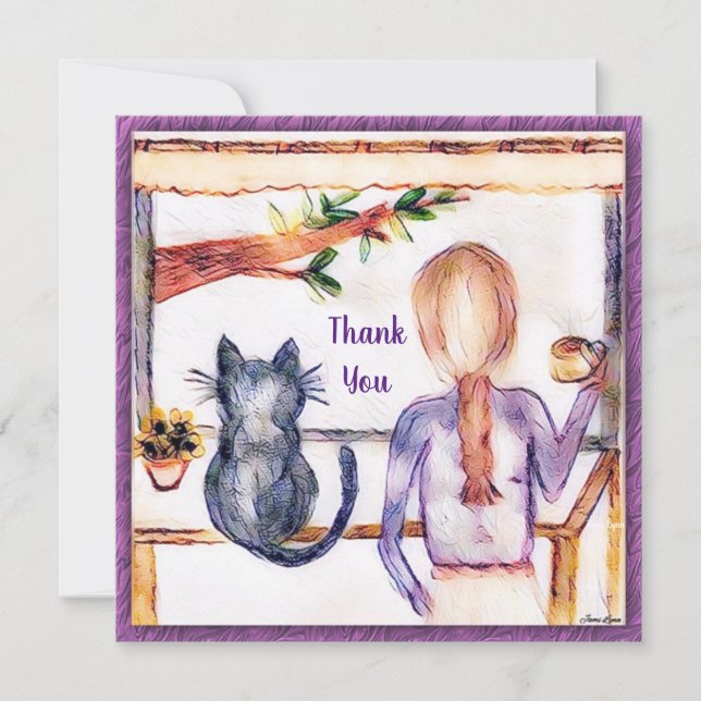Cat Thank you card custom painting Girl at window (Front)