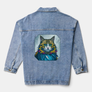 Cat That Ate The Canary Feathers   Wearable Art Denim Jacket