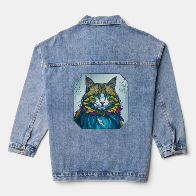 Cat That Ate The Canary Feathers | Wearable Art Denim Jacket (Back)