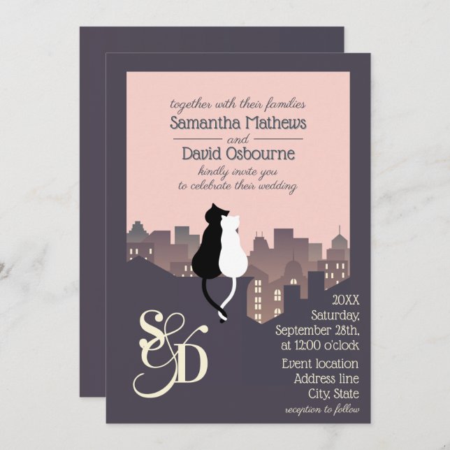 Cat themed monogram wedding design invitation (Front/Back)
