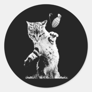Cat Throwing Grenade Funny Kitty Cat Grenade Scene Classic Round Sticker