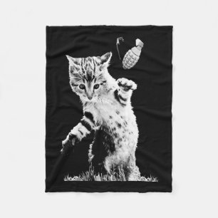 Cat Throwing Grenade Funny Kitty Cat Grenade Scene Fleece Blanket