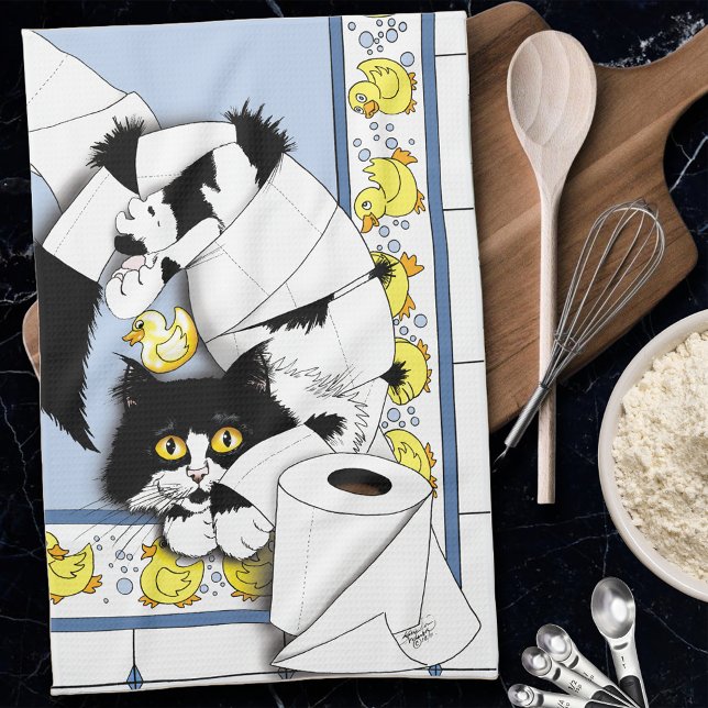 Cat Toilet Paper Blue Yellow  Tea Towel (Creator Uploaded)