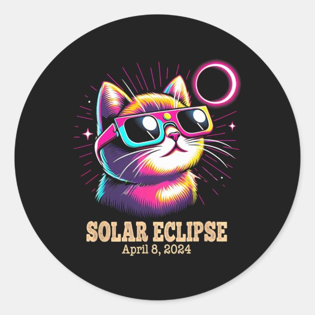 Cat Total Solar Eclipse April 8  Classic Round Sticker (Front)