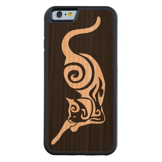 Cat Tribal Domestic Feline Stretch Carved Wood iPhone Case (Back)