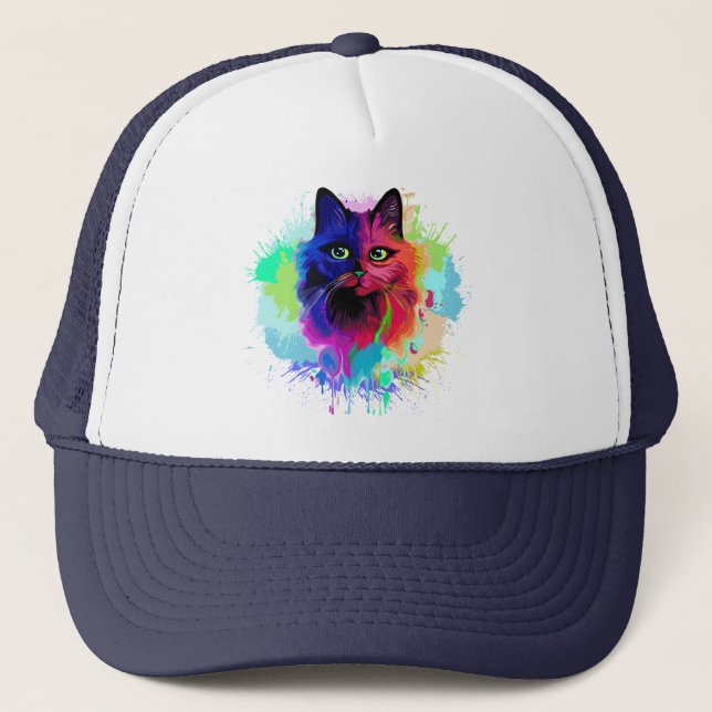 Cat Trippy Psychedelic Pop Art  Trucker Hat (Front)