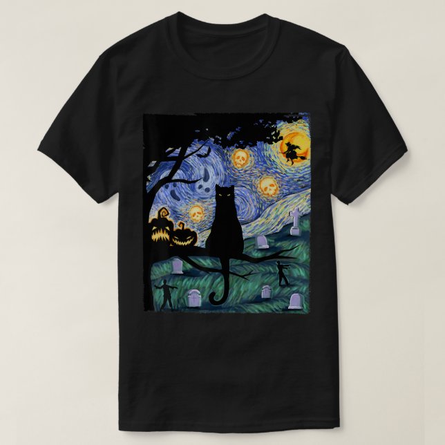 Cat Tshirt, Scary Night Cat Tee, Van Gogh Gift, Ha T-Shirt (Design Front)