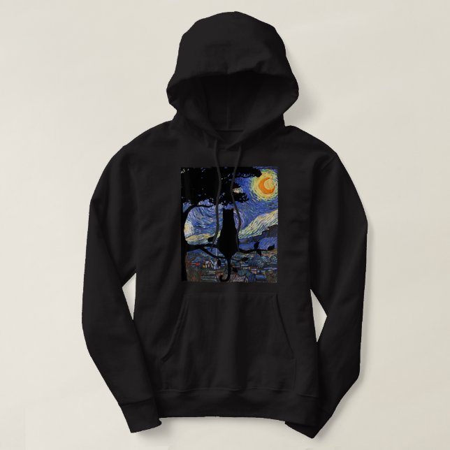 Cat Tshirt, Starry Night Cat Tee, Van Gogh Cat Gif Hoodie (Design Front)
