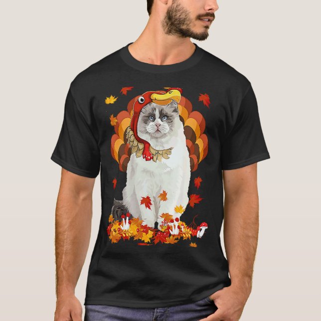 Cat Turkey Cute Thanksgiving Cat Turkey Fall Leaf T-Shirt (Front)