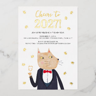 Cat Tuxedo New Year's Eve 2026 Foil Party Invite