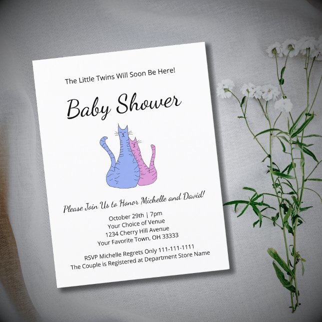 Cat Twins Blue Pink Elegant Baby Shower Announcement Postcard (Creator Uploaded)