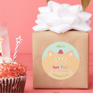 Cat "Two Cute to Handle" Birthday Party Mint Green Classic Round Sticker