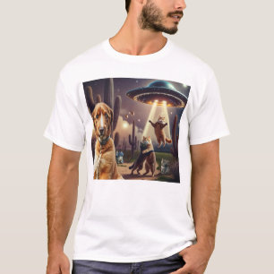 Cat UFO Abduction with Concerned Dog in Foreground T-Shirt