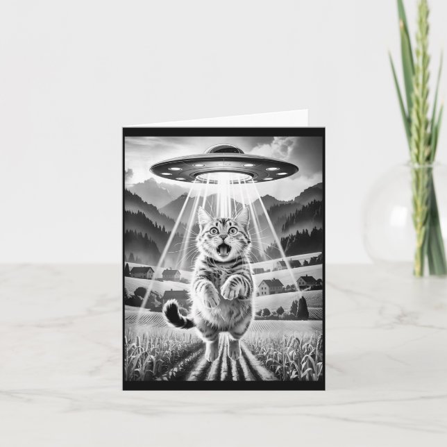 Cat Ufo Alien Abduction Funny Graphic Tees Men Wom Card (Front)