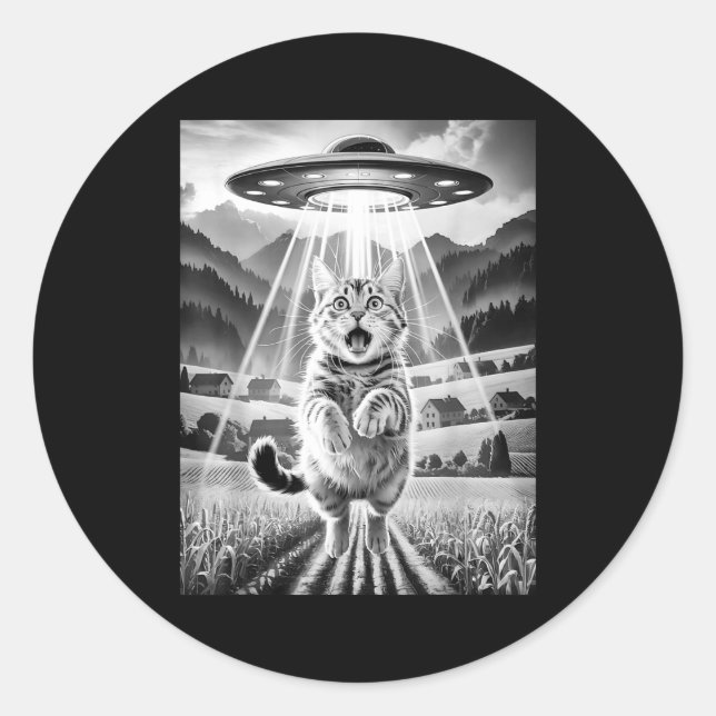 Cat Ufo Alien Abduction Funny Graphic Tees Men Wom Classic Round Sticker (Front)