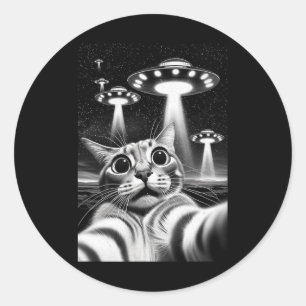 Cat Ufo Funny Invasion Meme Retro Alien Cat Ufo Se Classic Round Sticker