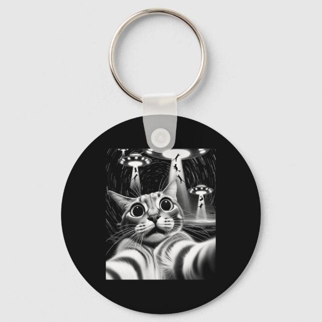 Cat Ufo Invasion _ Funny Cat Meme Retro Alien Cat  Key Ring (Front)