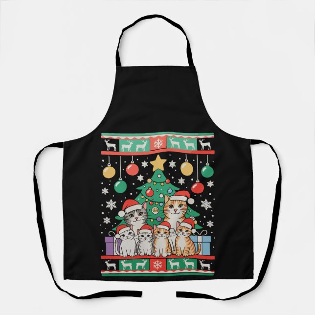 Cat Ugly Christmas Tree Lights Xmas Holiday Apron (Front)
