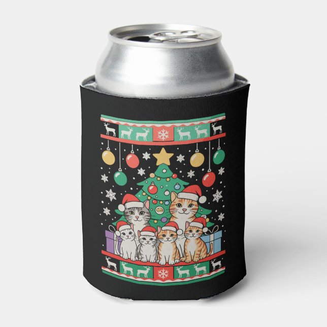 Cat Ugly Christmas Tree Lights Xmas Holiday Can Cooler (Can Front)