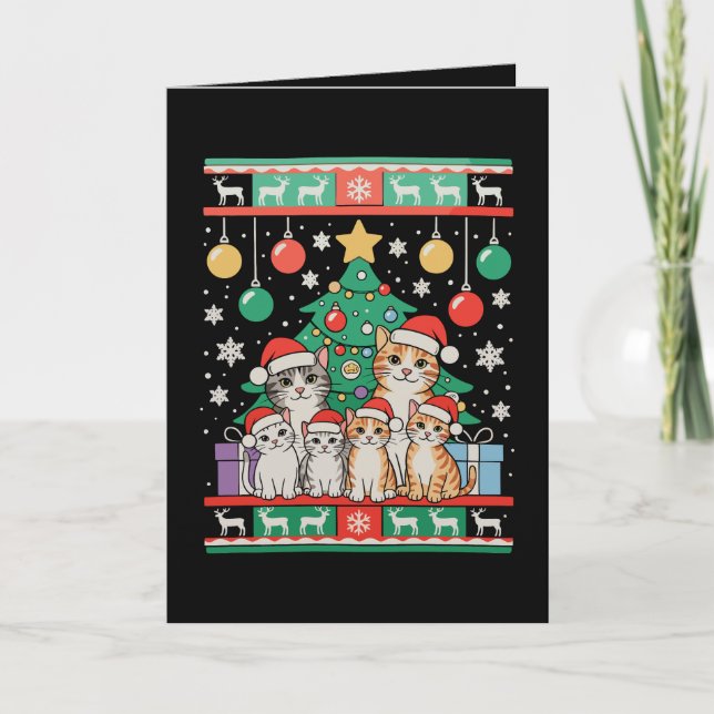 Cat Ugly Christmas Tree Lights Xmas Holiday Card (Front)