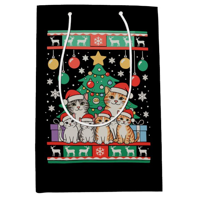 Cat Ugly Christmas Tree Lights Xmas Holiday Medium Gift Bag (Front)