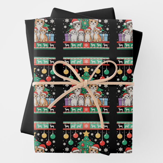 Cat Ugly Christmas Tree Lights Xmas Holiday Wrapping Paper Sheet (In situ)