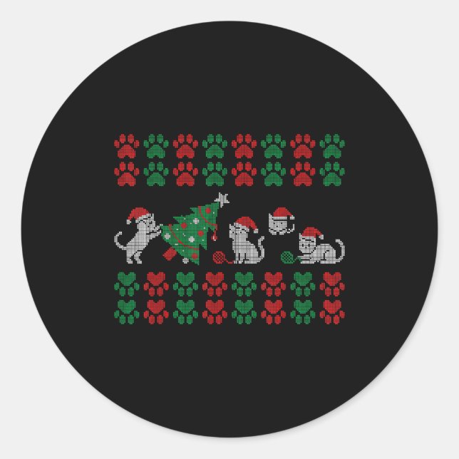 Cat Ugly Sweater Pattern Christmas Knitting  Classic Round Sticker (Front)