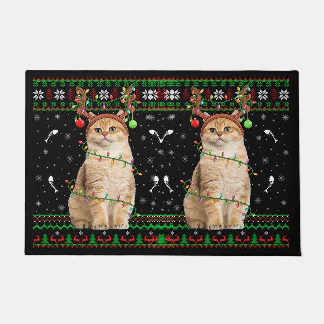 Cat Ugly Xmas Sweater Lighting Santa Cat Christmas Doormat (Front)