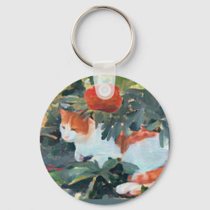 cat under a flowering bush A.I. enhanced  Key Ring