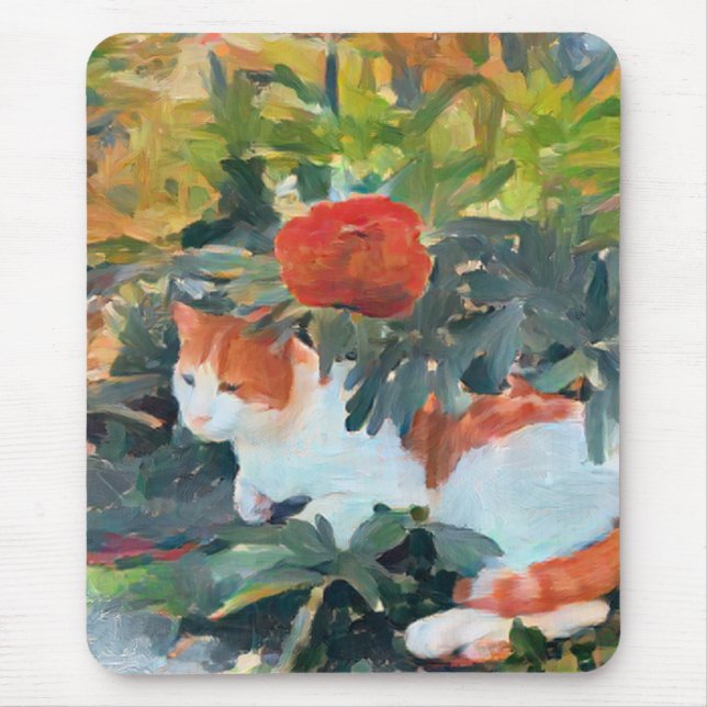 cat under a flowering bush A.I. enhanced  Mouse Pad (Front)