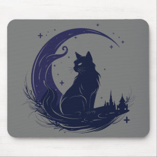 Cat Under Moon Sky Furry Cute Vector Graphic Mouse Pad