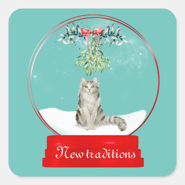 Cat Under the Mistletoe Snow Globe Square Sticker (Front)