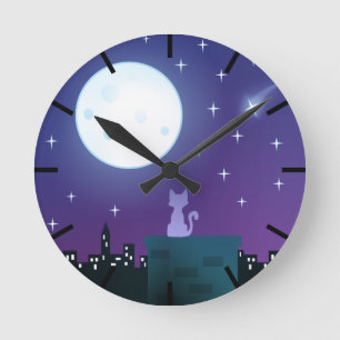 Cat Under The Moonlight Round Clock