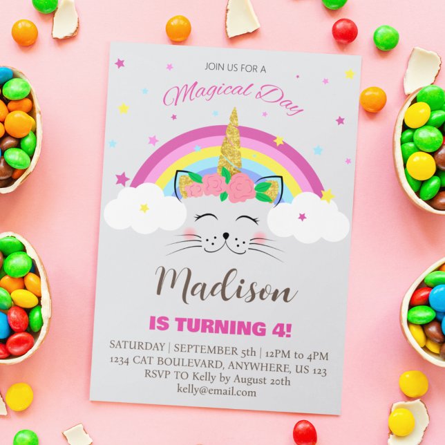 Cat Unicorn Magical Day Girl's Birthday Party Invitation (Creator Uploaded)