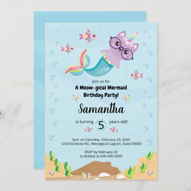 Cat Unicorn Mermaid Under the Sea Birthday Party Invitation (Front/Back)