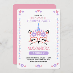 Cat Unicorn Pink Purple Blue Birthday Party Invitation