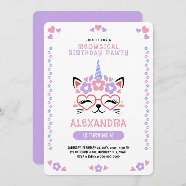 Cat Unicorn Purple Pink Blue Birthday Party Invitation (Front/Back)