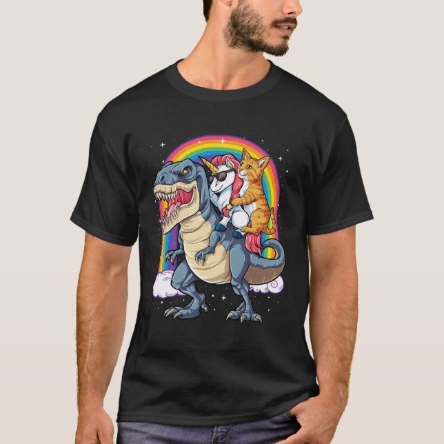 Cat Unicorn Riding Dinosaur T Rex Kitten Lover Spa T-Shirt (Front)
