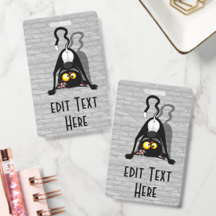 Cat Upside Down Funny Cartoon Character ID Badge